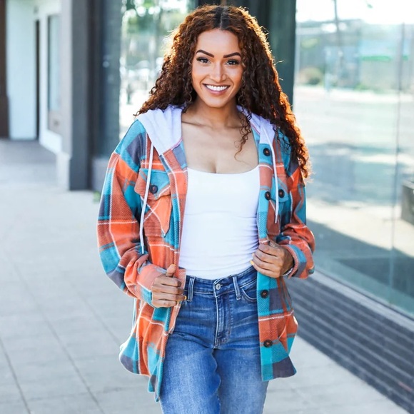 Teal Blue, & Orange Plaid Button Down Hooded Flannel, Medium Shacket, USA Made - Picture 9 of 14